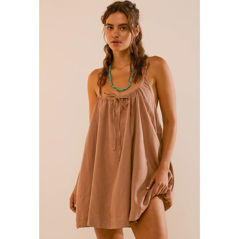 Free People Rae Mini Dress M Tuscany Beige Linen Blend Beach Swing Dress NWT